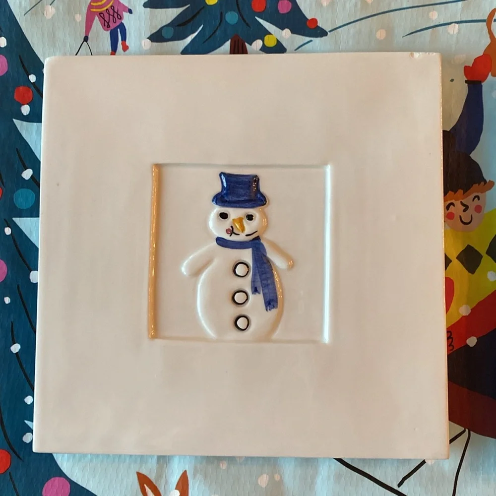 Crate&barrel STEPHANI CERAMICA vintage Snowman trivet/decorative plates